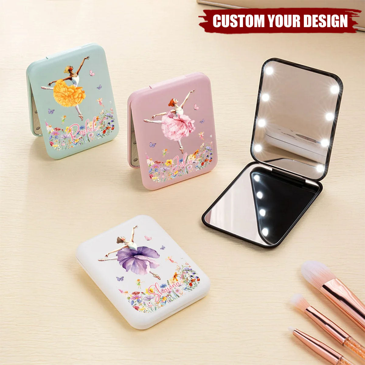 Personalized Ballet Girl Birth Flower LED Double-Sided Compact Makeup Mirror Gift for Ballerina