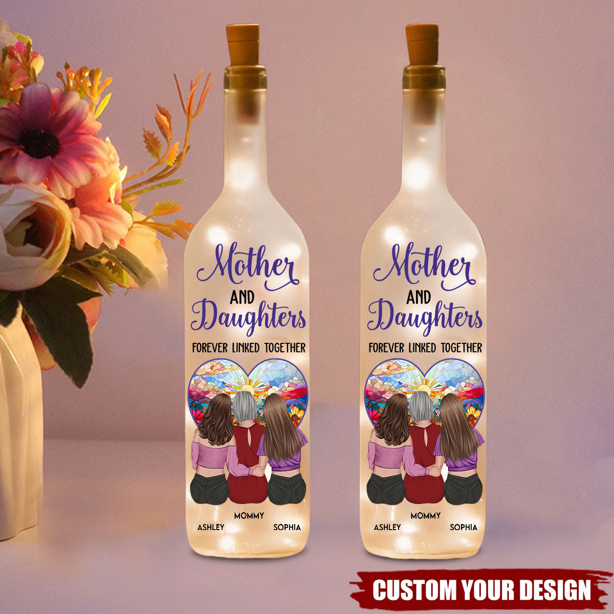 Mother & Daughter - Forever Linked Together - Personalized Bottle Lamp