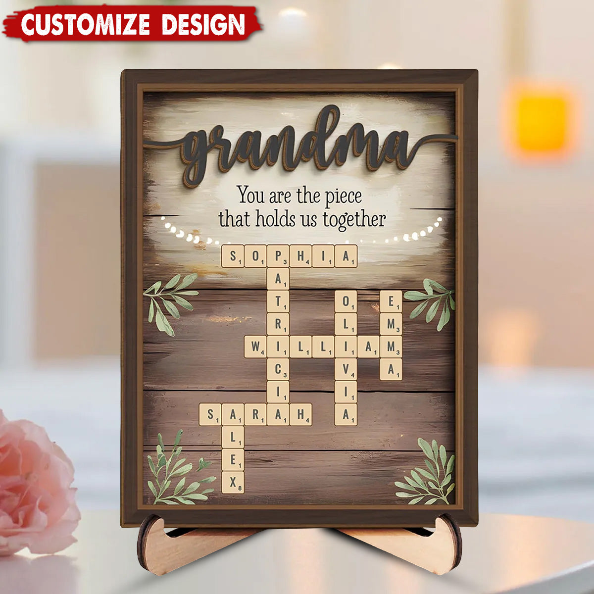 Her Love Is The Thread That Stitches Our Family Together - Family Personalized Custom 2-Layered Wooden Plaque With Stand - Mother's Day Gift For Mom, Grandma