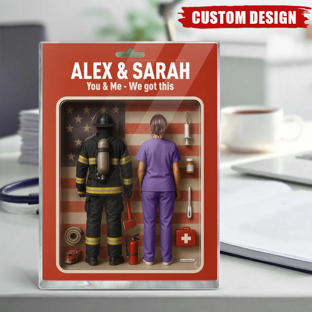 You & Me We Got This - Firefighter & Nurse Couple Toy Box Figures Style Personalized Acrylic Plaque