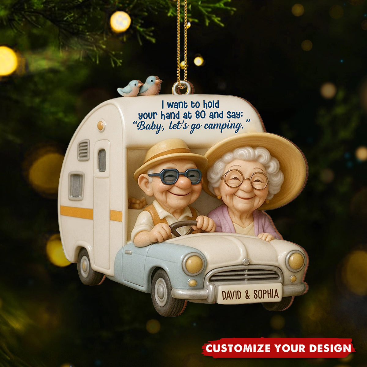 Hold Your Hand At 80, Baby Let’s Go Camping, Persoanlized Wood Ornament, Gift For Elderly Couples