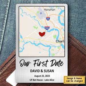Our First Date - Personalized Map Stainless Wallet Card - Gift For Couple