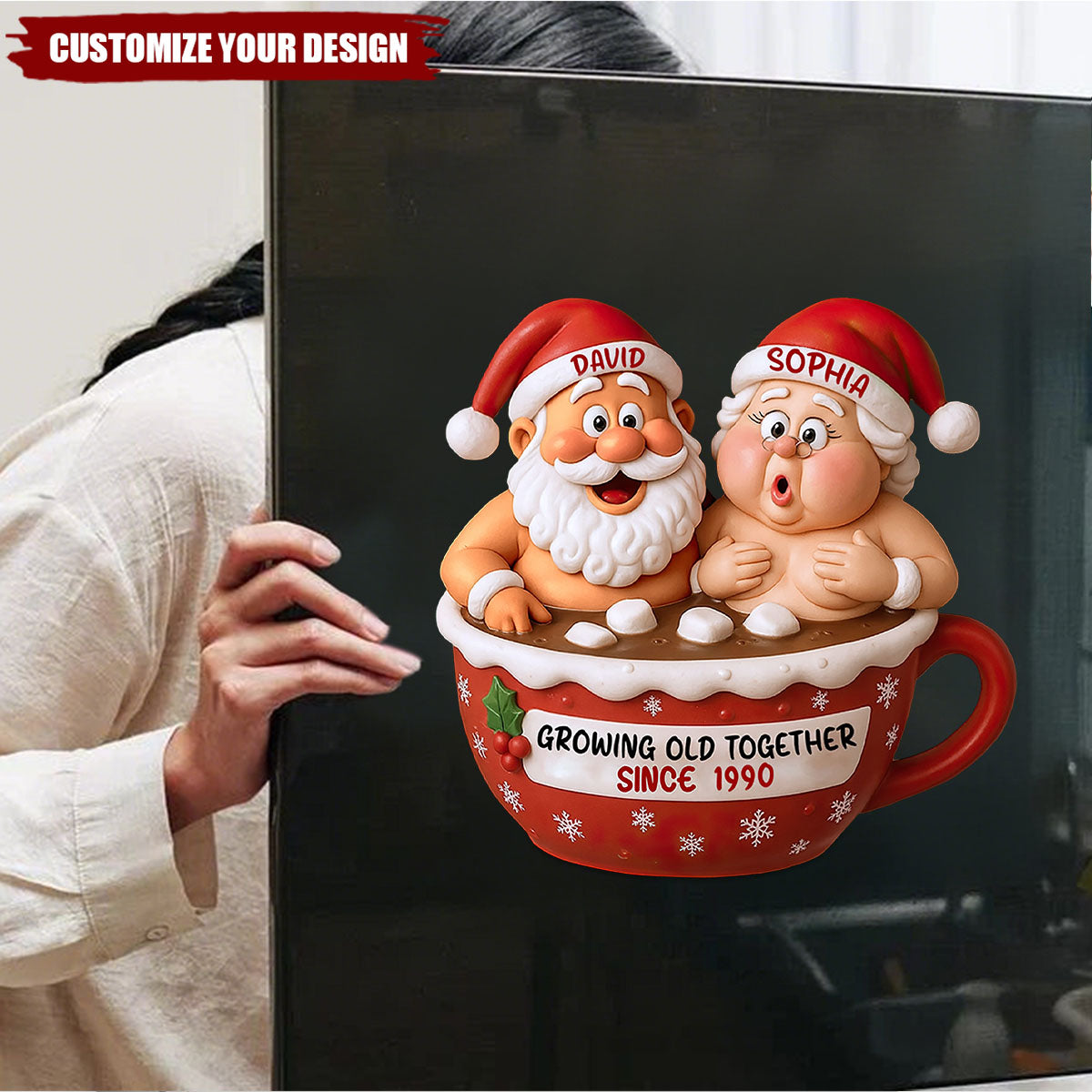 Growing Old Together Santa Claus In Hot Chocolate Cup, Personalized Couple Decal