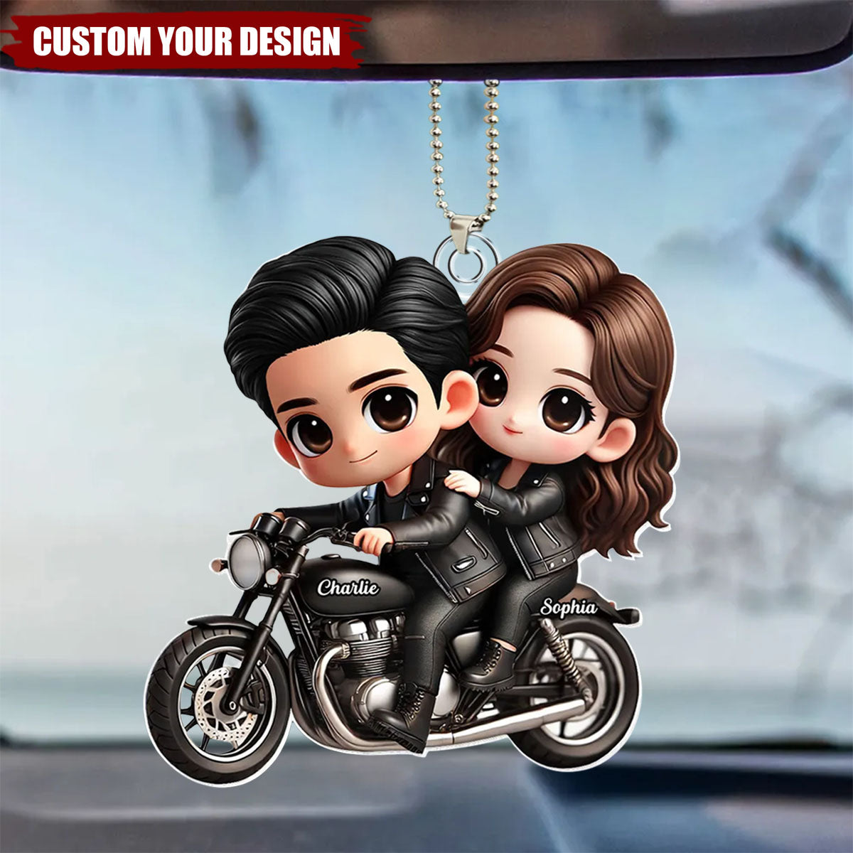 Personalized Cute Cartoon Couple Motorcycle Car Ornament, Anniversary & Gift for him, Gift for her