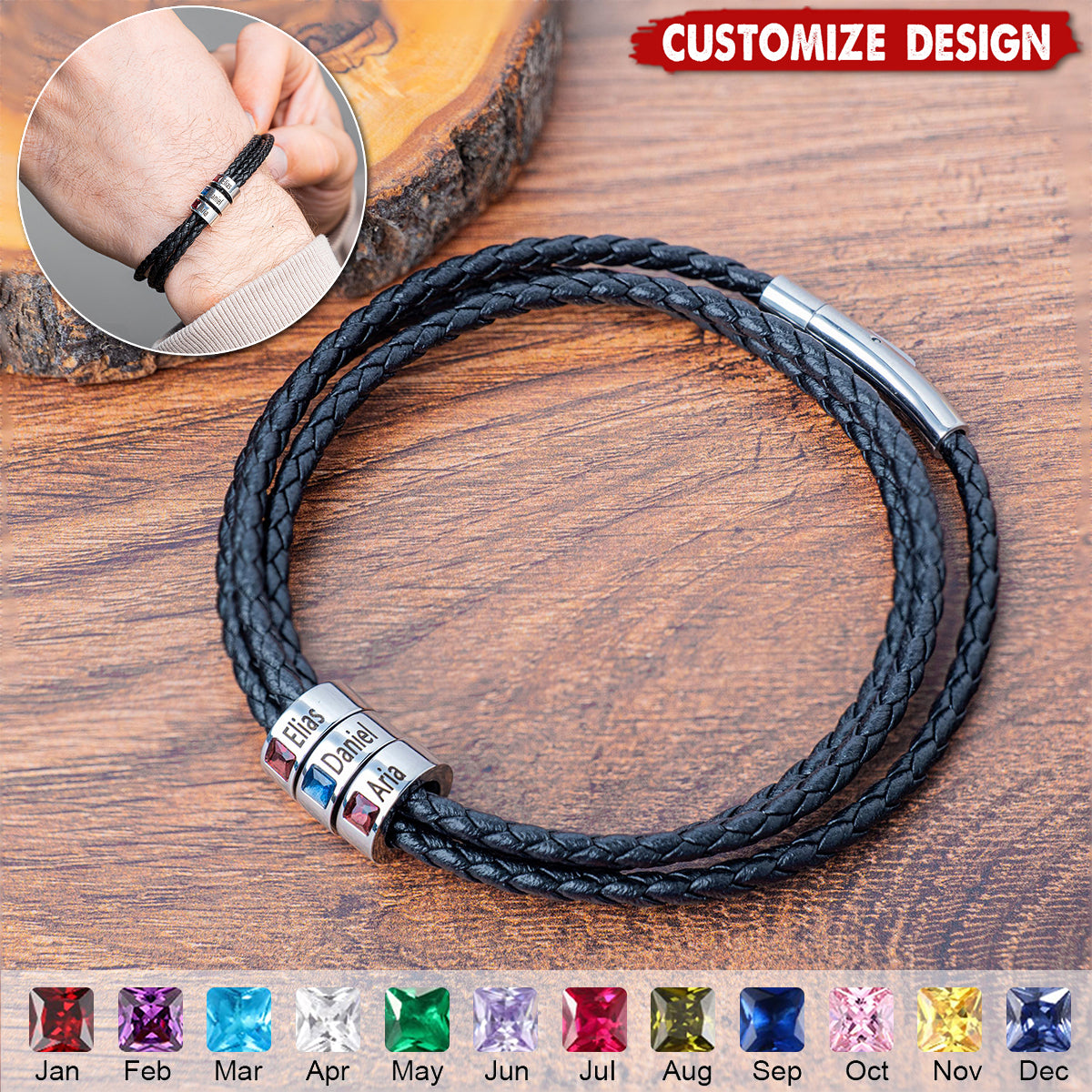 Personalized Mens Braid Bracelet with 1-8 Engraved Beads Family Names-Gifts for Men Father's day