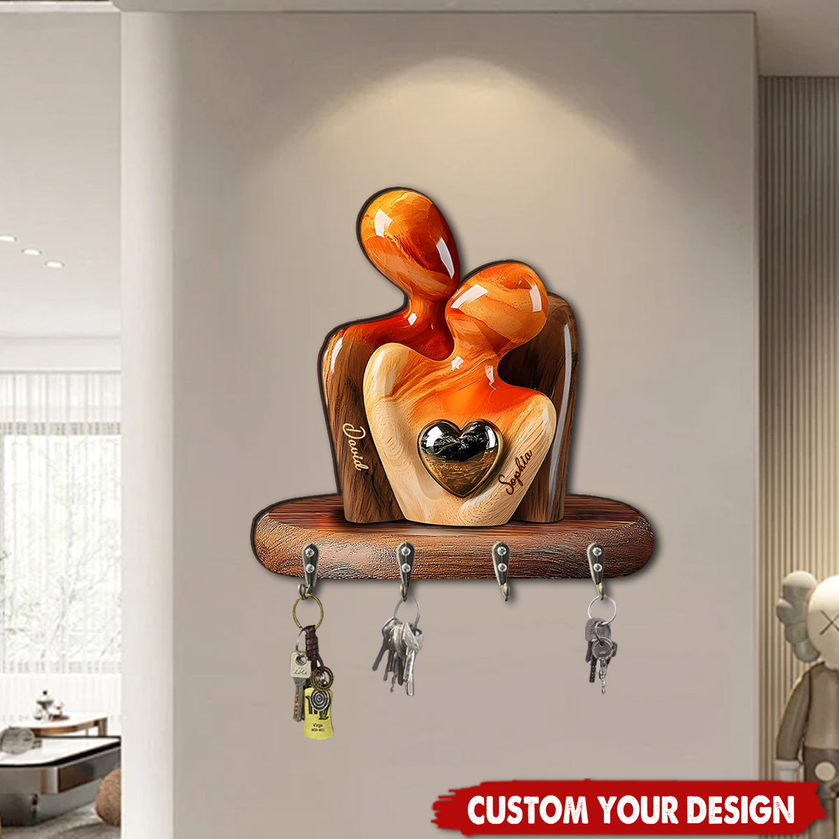 Elegant Couple Statue with Heart Inlay - Personalized Shaped Key Rack