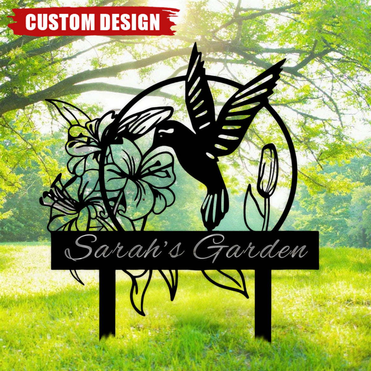 Hummingbird With Flower Personalized Metal Garden Sign