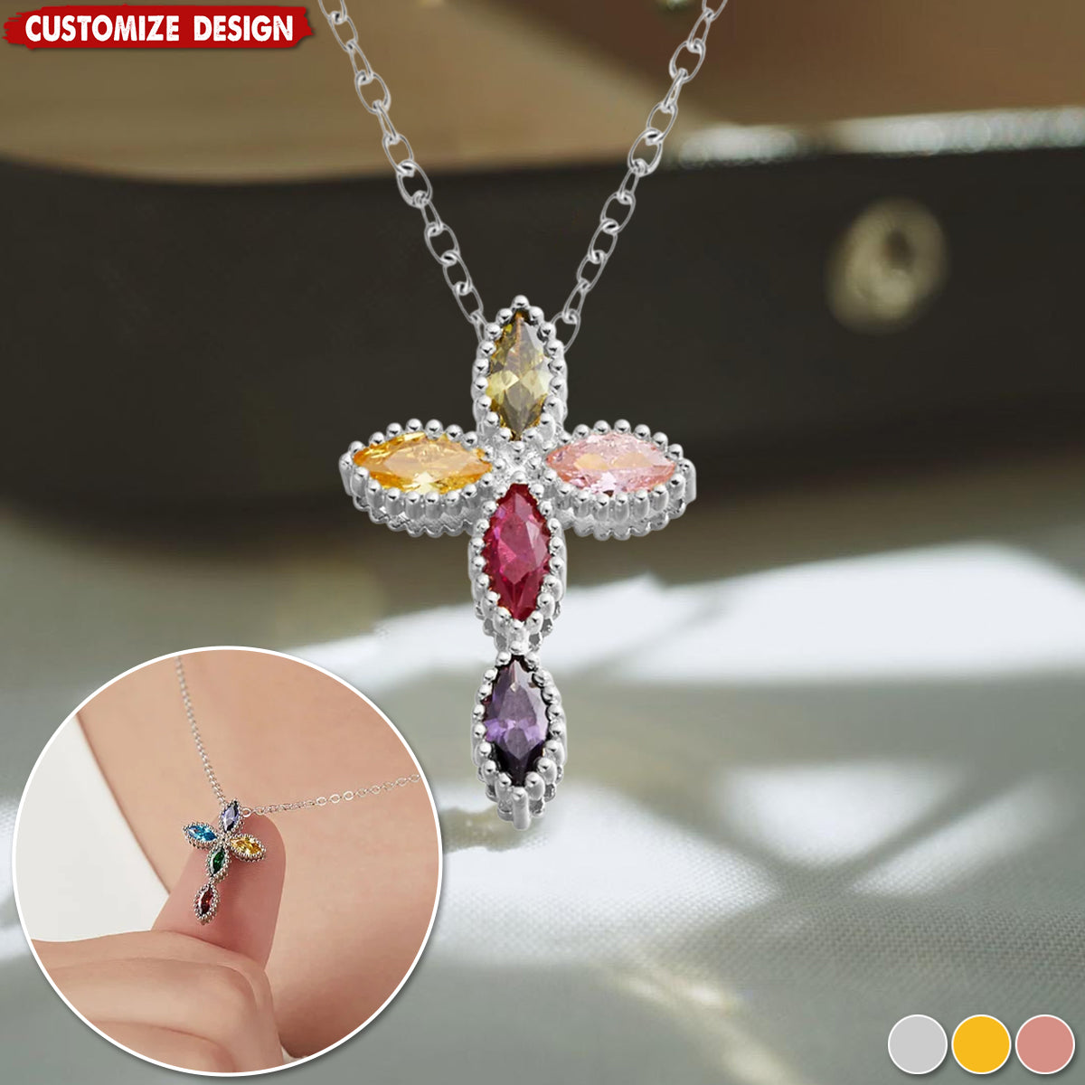 Personalized Mini Cross Pendant Necklace with 1-5 Family Birthstones Christening Gift for Woman