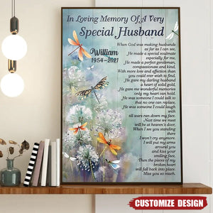 In Loving Memory Of Special Husband Dandelion Dragonfly - Personalized Memorial Poster