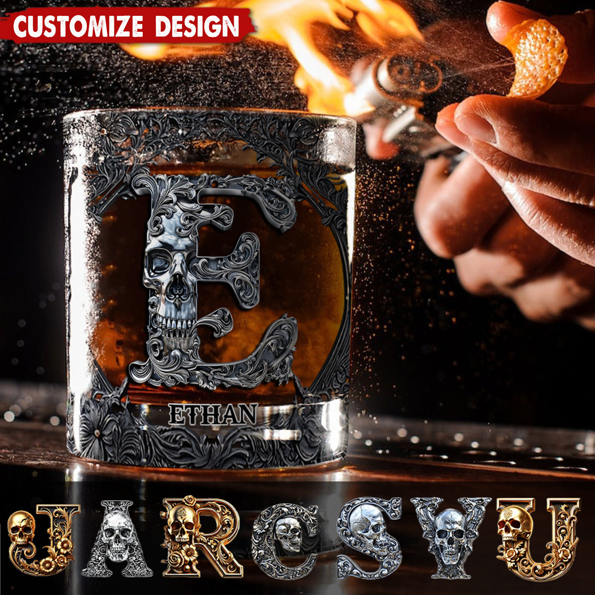 Skull Name Initial Letter - Personalized Skull Whiskey Glass