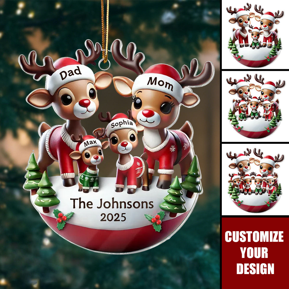 Reindeer Family 3D Effect Cute Christmas Decor Personalized Acrylic Ornament