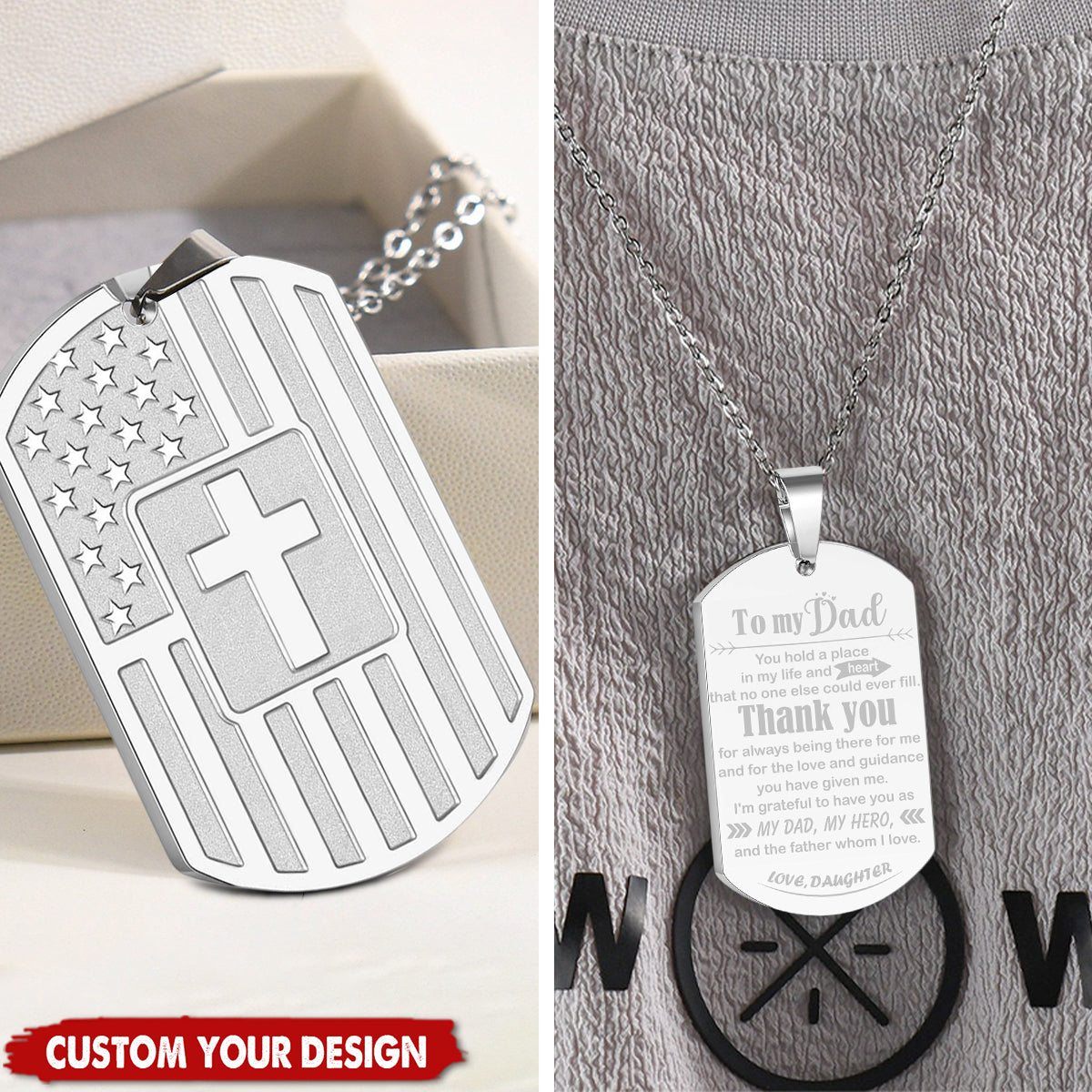 Personalized Christian American Flag Man Dog Tag Cross Necklace Father's Day Gifts