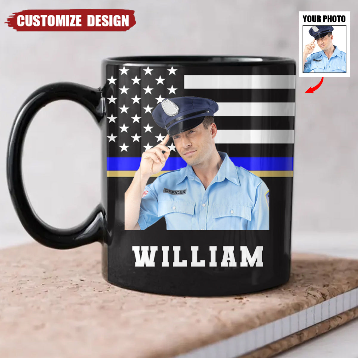 Personalized US Police US Flag Blue Line Black Mug