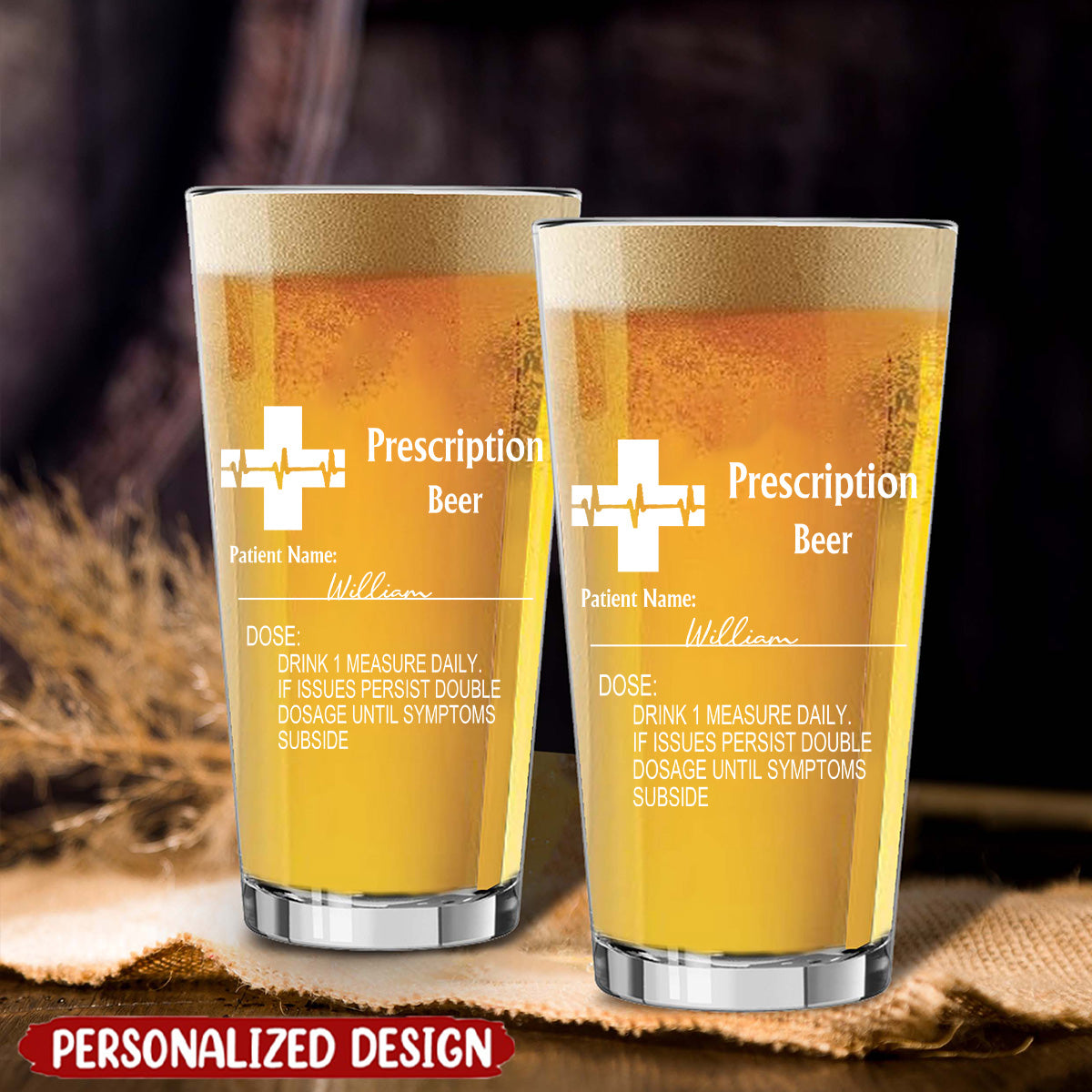 Personalized Funny Prescription Beer Glass with Laser Engraved Name Gift for Grandpa Dad
