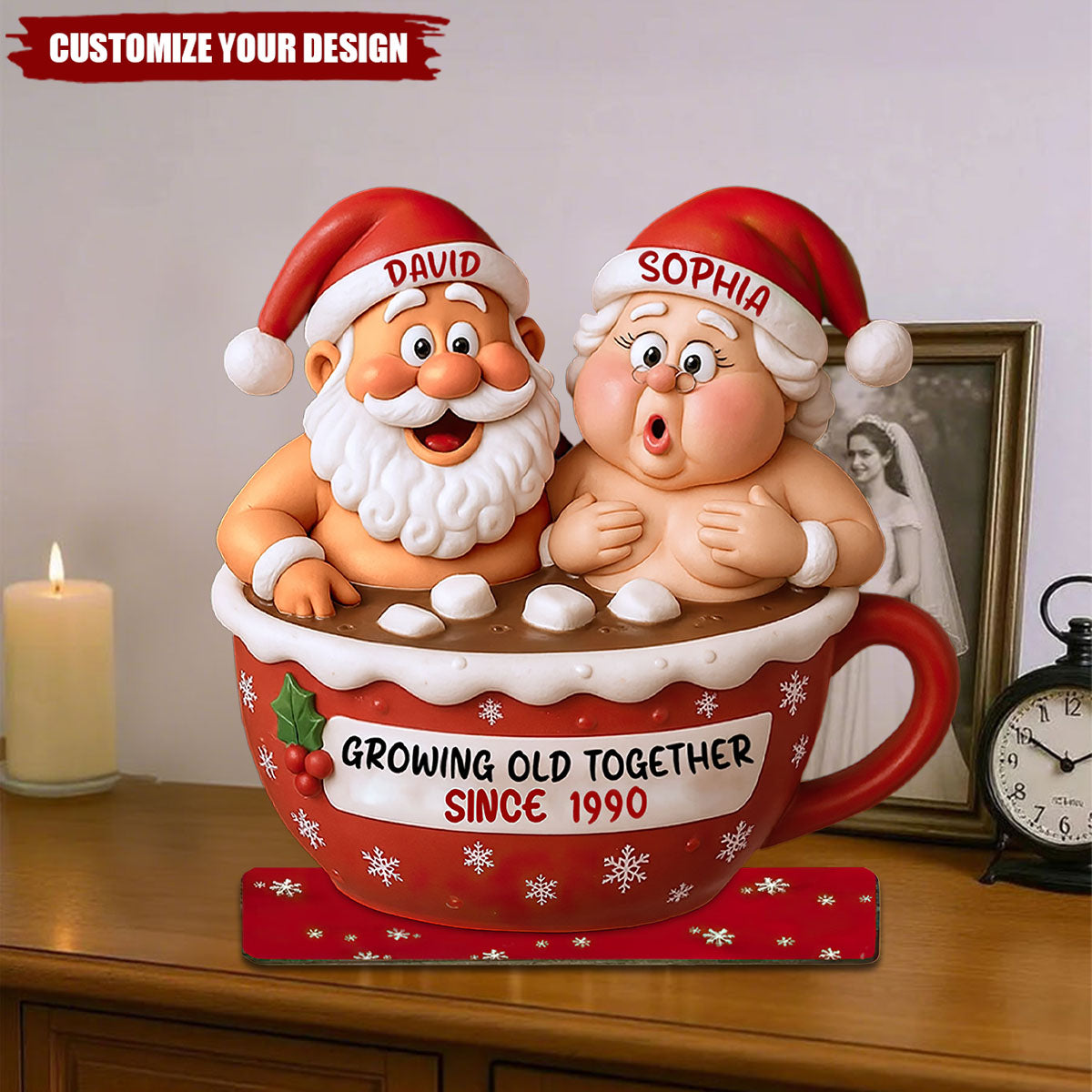 Growing Old Together Santa Claus In Hot Chocolate Cup, Personalized Couple Shaped Plaque
