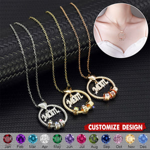 Personalized Circle Pendant With Birthstone Beads Necklace - Gift For Mom Grandma