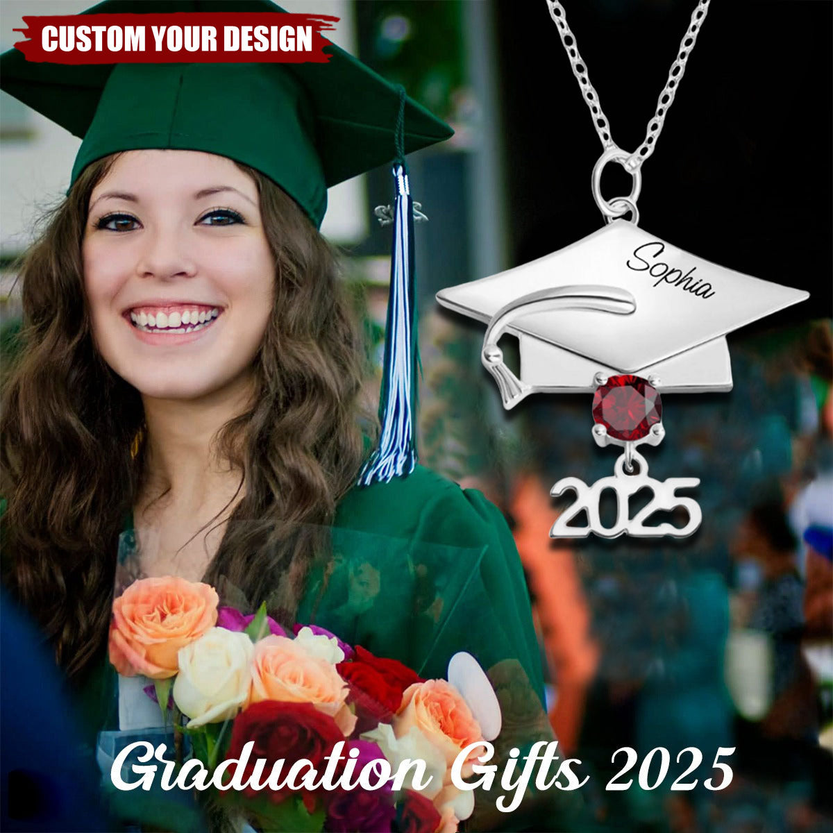 Personalized Dainty Graduation Cap Birthstone Necklace with Engraved Name and Year Graduation Birthday Gift for Graduates