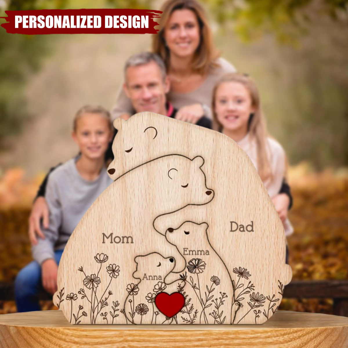 Hugging Bear Family Floral Version-Personalized Wooden Bear Family Puzzle