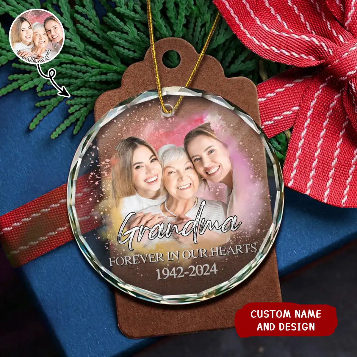 Custom Photo Memorial Forever Our My Hearts - Personalized Circle Glass Ornament