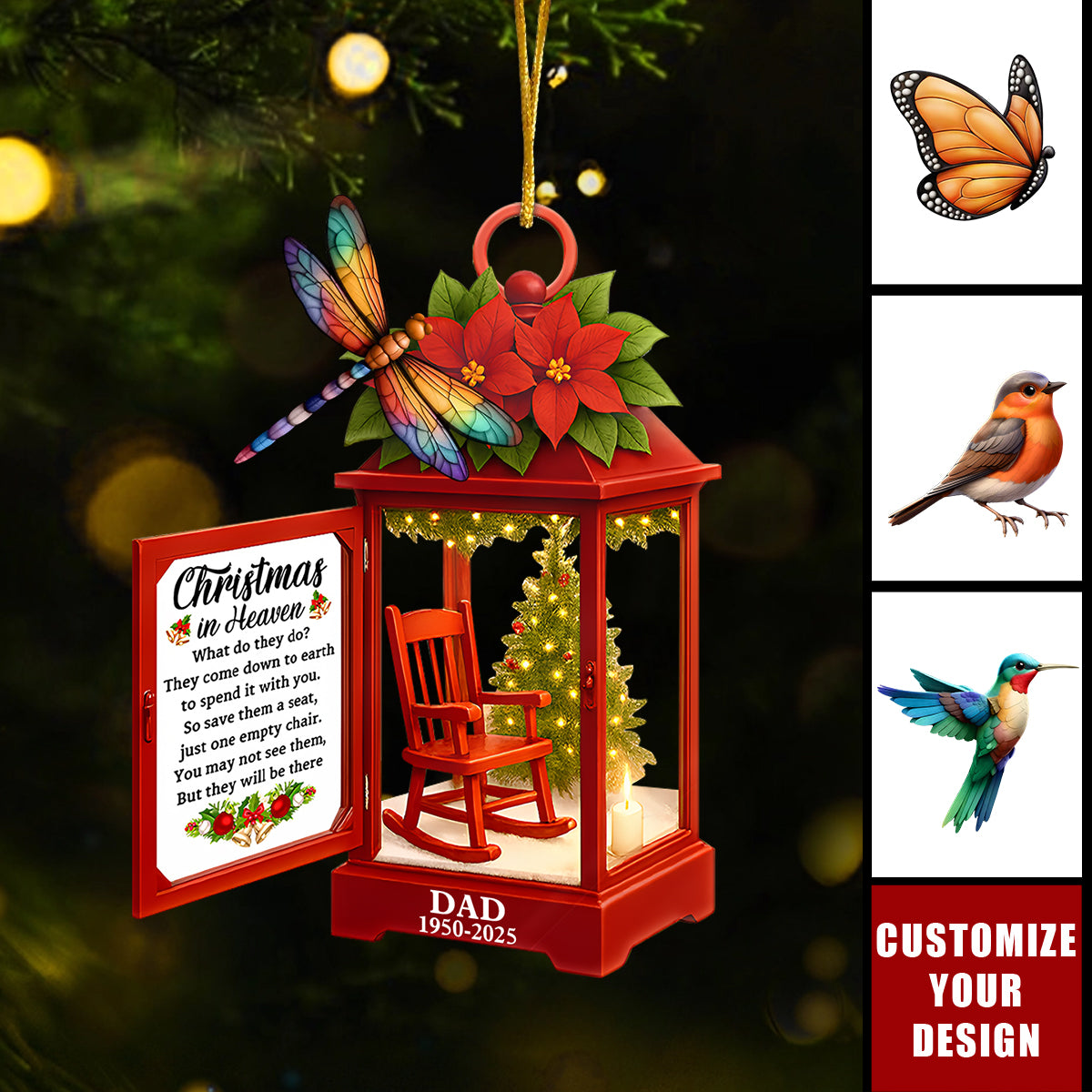 Christmas In Heaven Memorial Bird - Personalized Custom Lantern Shaped Acrylic Ornament
