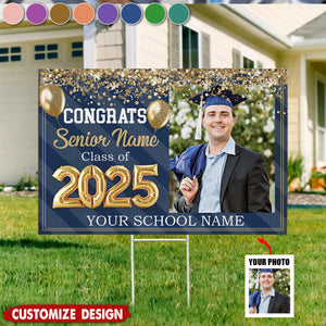Personalized Congrats 2025 Senior Photo Multicolor Glitter Balloon Flag - Graduation Decoration Gift