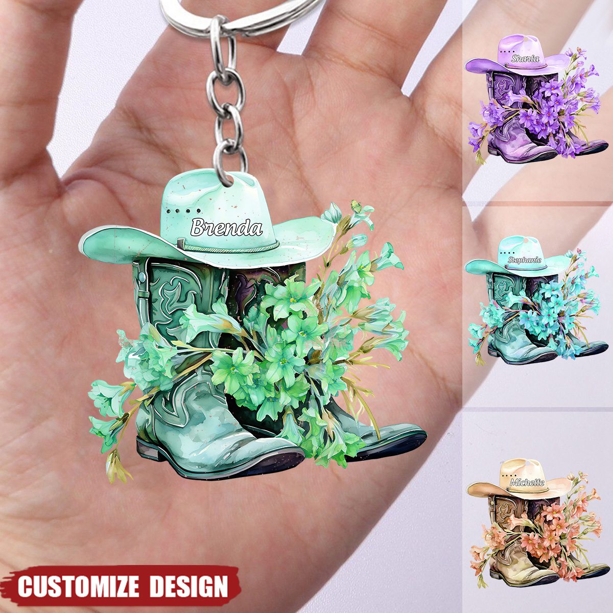Personalized Boots And Hat With Flower Cowgirl / Cowboy Keychian