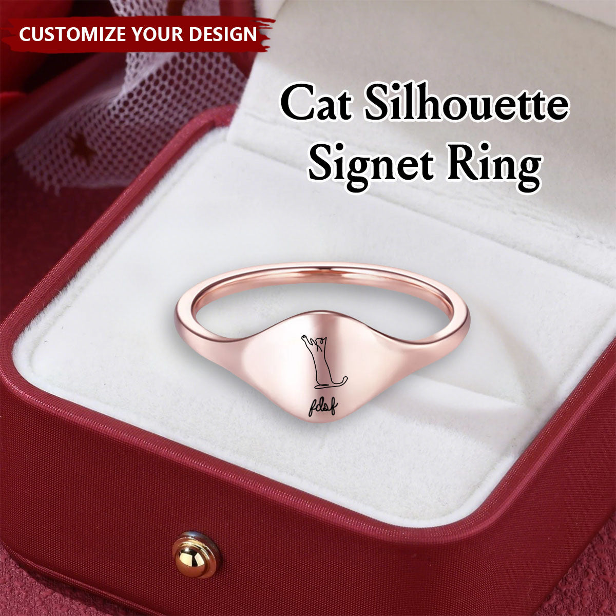 Personalized Cute Engraved Cat Silhouette Ring with Name Dainty Jewelry Anniversary Birthday Memorial Gift for Cat Lover