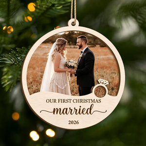 Personalized First Christmas Engaged Married 2 Layered Wooden Ornament