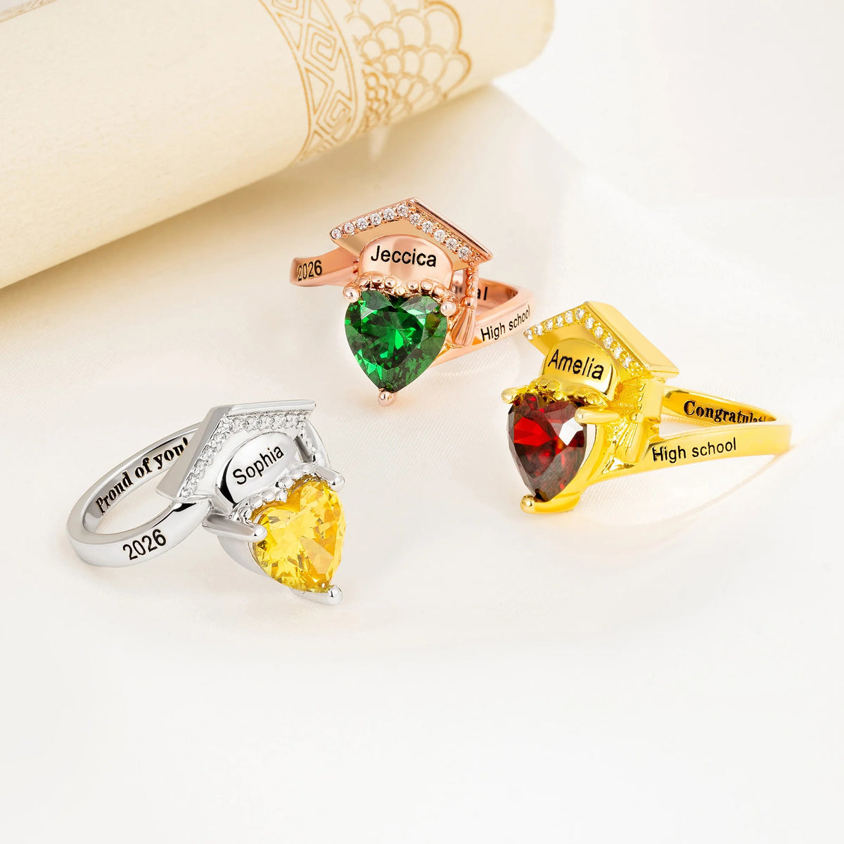 Personalized Zircon Grad Cap Heart Birthstone Ring - Dainty Jewelry Birthday Graduation Gift for Women Graduates