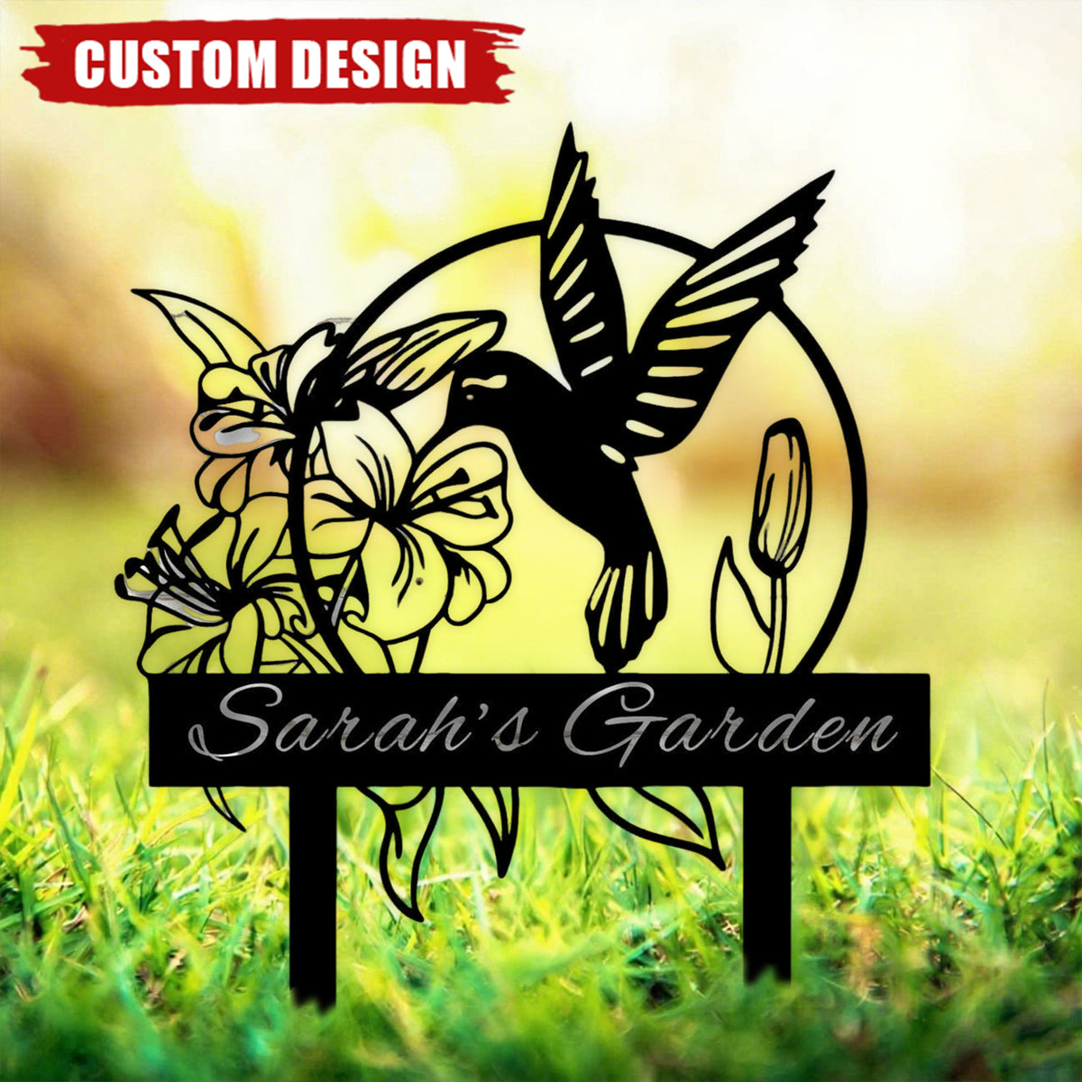 Hummingbird With Flower Personalized Metal Garden Sign