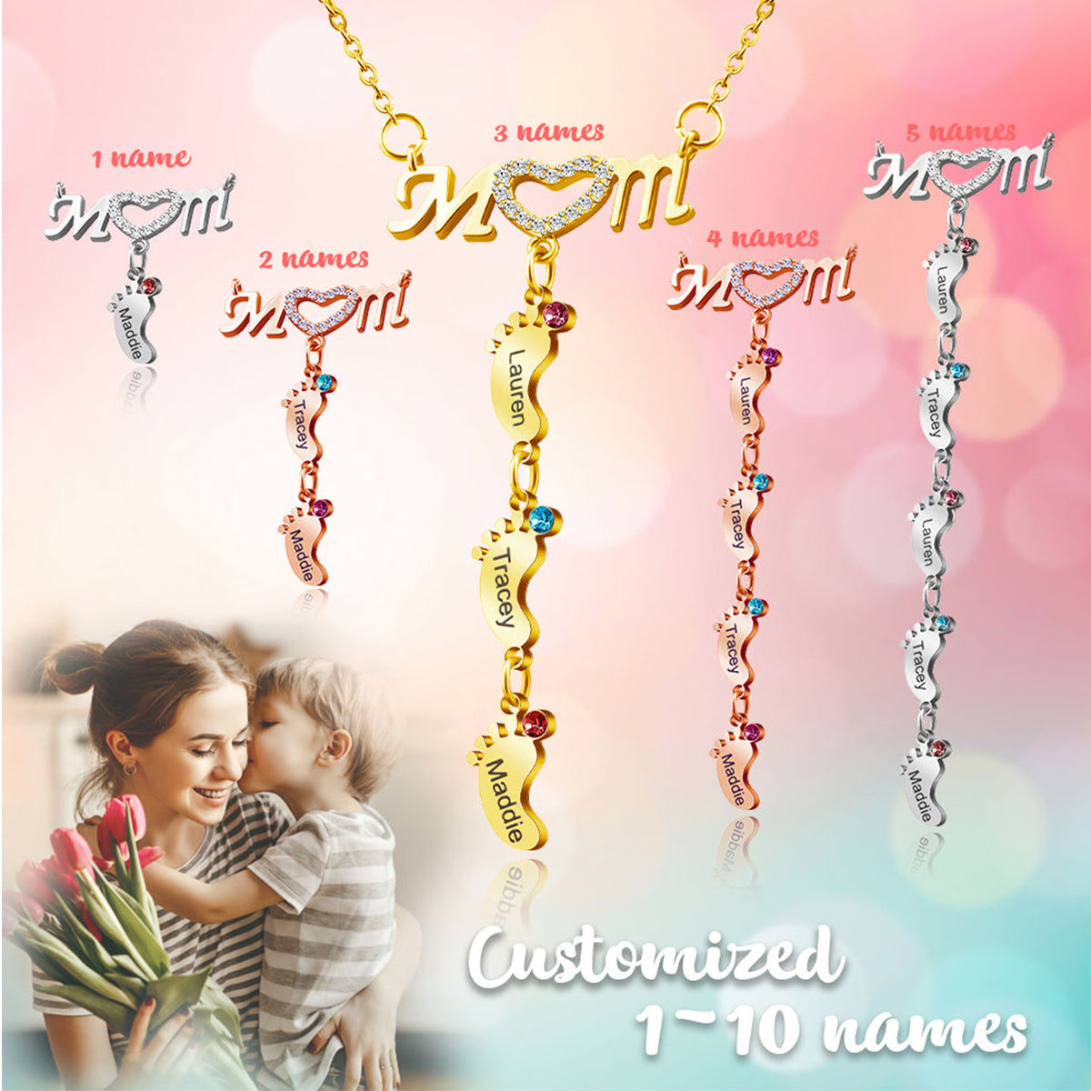 Mother's Necklace With Small Custom Name & Birthstone Baby Foot Charms