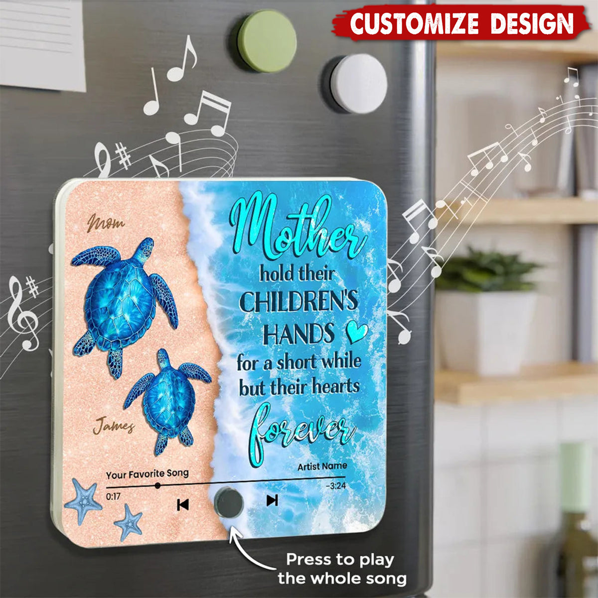 Mothers Hold Their Children's Hands Sea Turtle - Personalized Music Fridge Magnet - Mother's Day Gift For Mom For Grandma