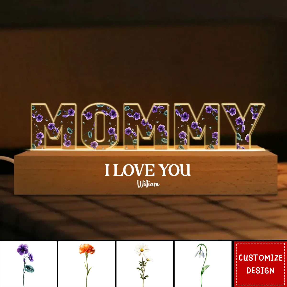 Mommy Birth Month Flowers Personalized Name LED Night Light-Gift For Mom
