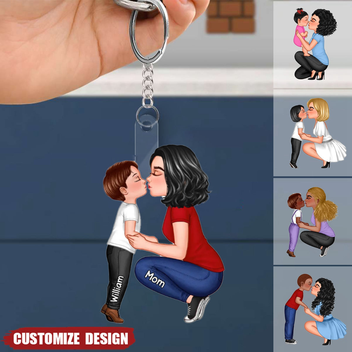 Mom And Kid Holding Hands Kissing Personalized Acrylic Keychain