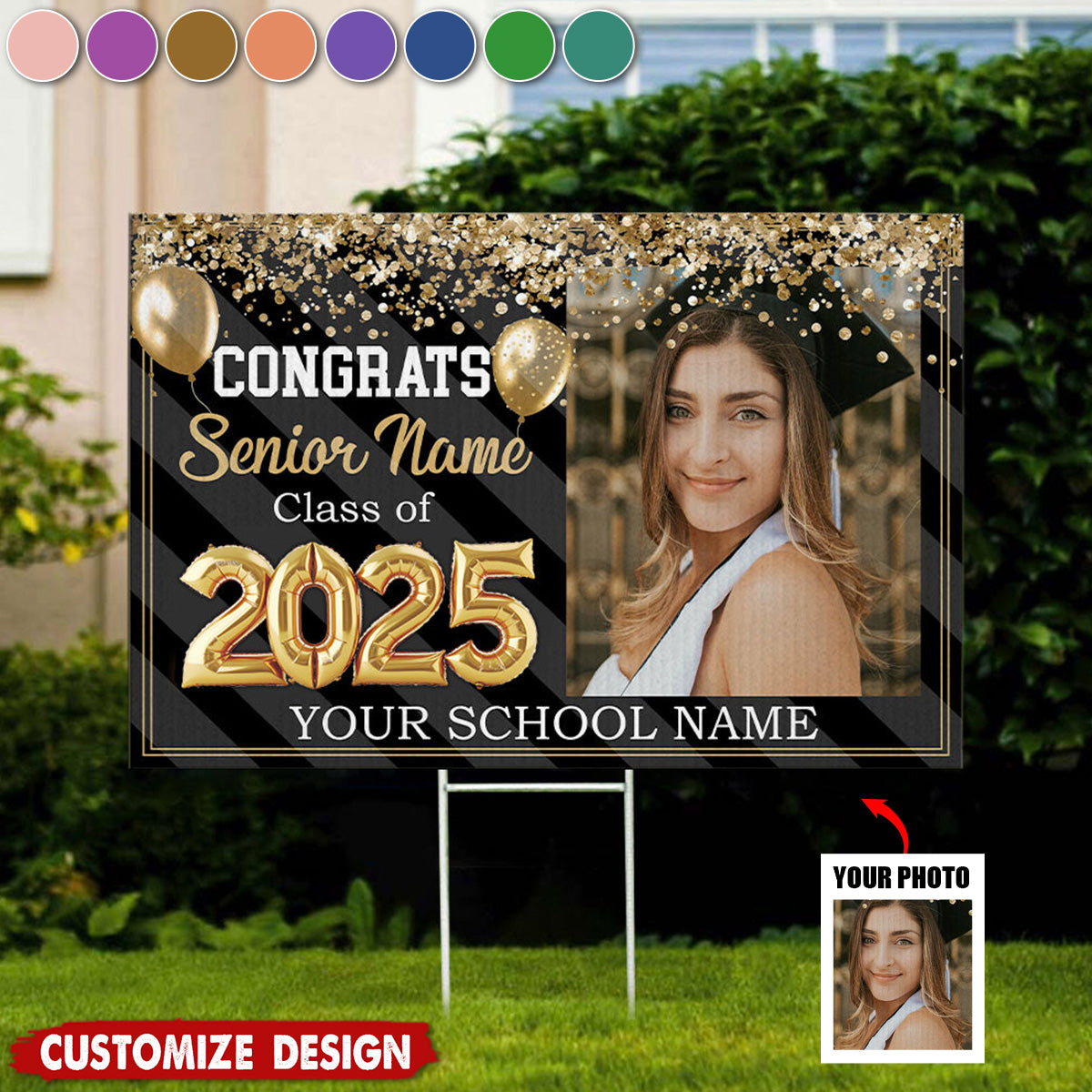 Personalized Congrats 2025 Senior Photo Multicolor Glitter Balloon Flag - Graduation Decoration Gift