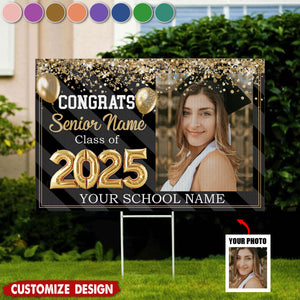 Personalized Congrats 2025 Senior Photo Multicolor Glitter Balloon Flag - Graduation Decoration Gift