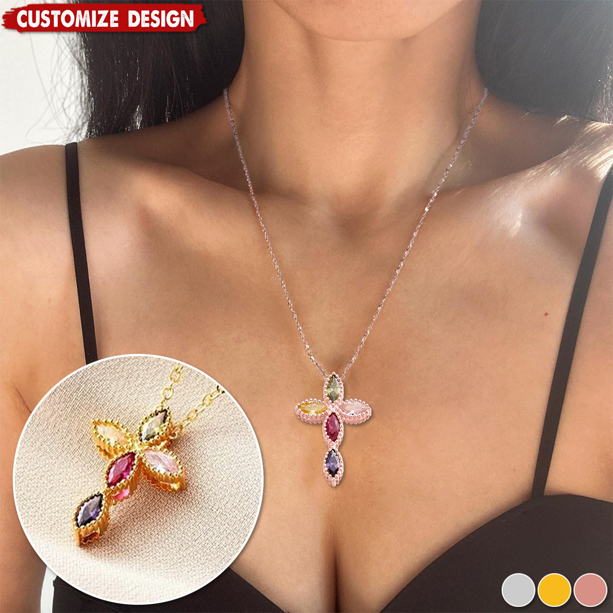 Personalized Mini Cross Pendant Necklace with 1-5 Family Birthstones Christening Gift for Woman