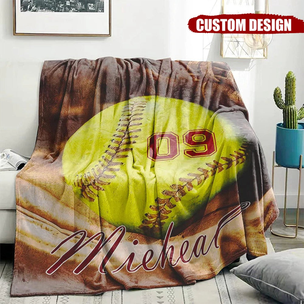 Personalized Softball Blanket, Custom Name And Number - Gift For Softball Player