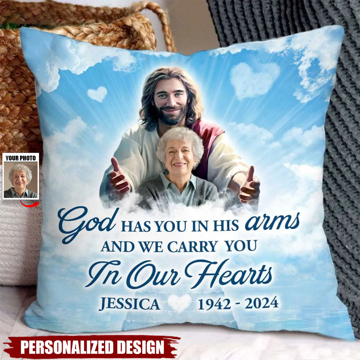 God Has You In His Arm-Personalized Memorial Pillow-Gift For Friends Family