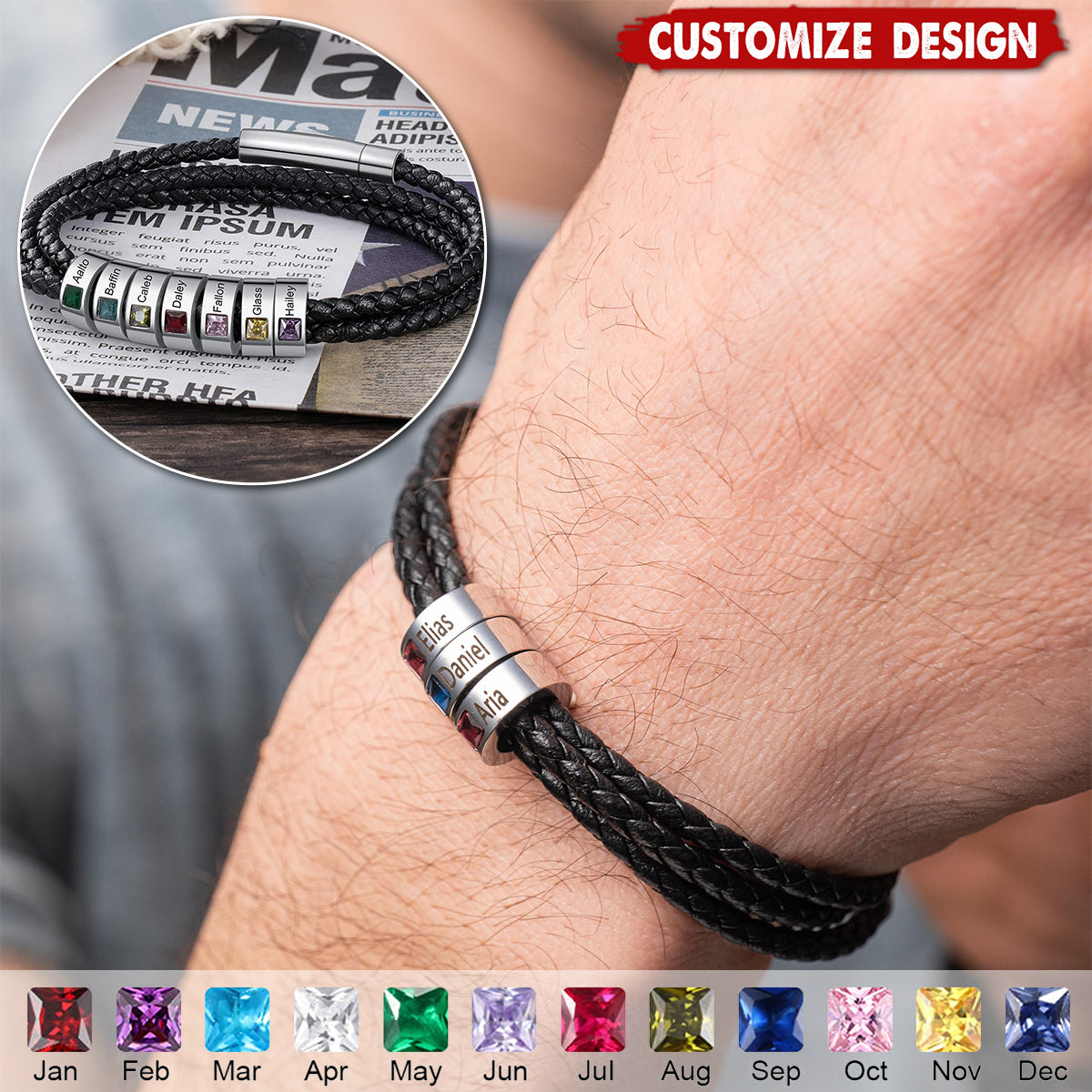 Personalized Mens Braid Bracelet with 1-8 Engraved Beads Family Names-Gifts for Men Father's day