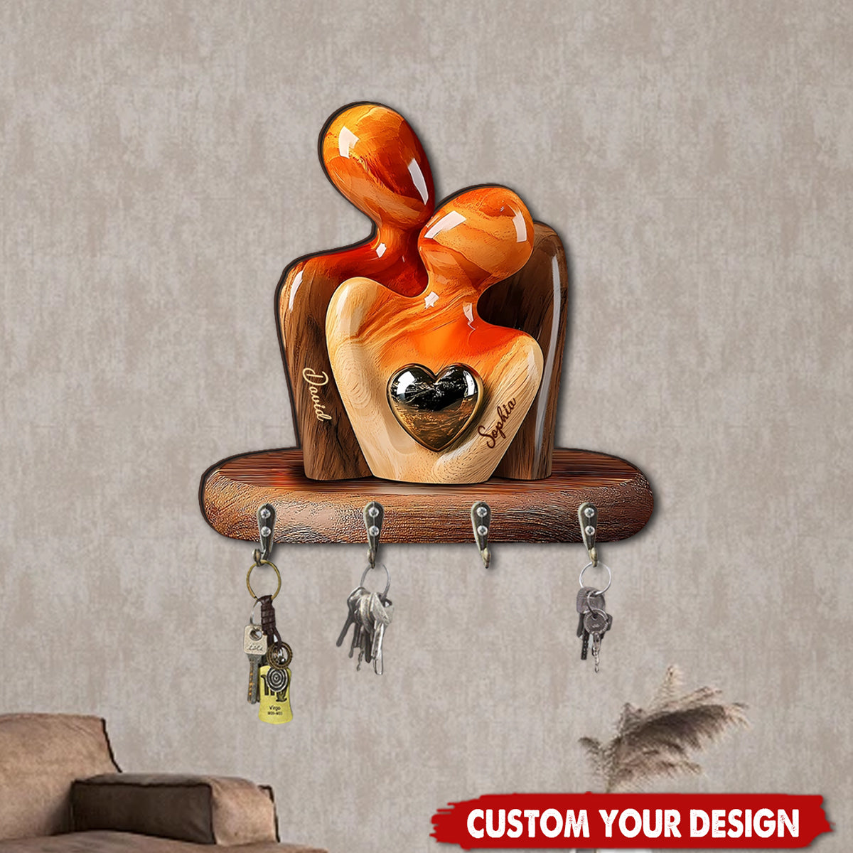Elegant Couple Statue with Heart Inlay - Personalized Shaped Key Rack