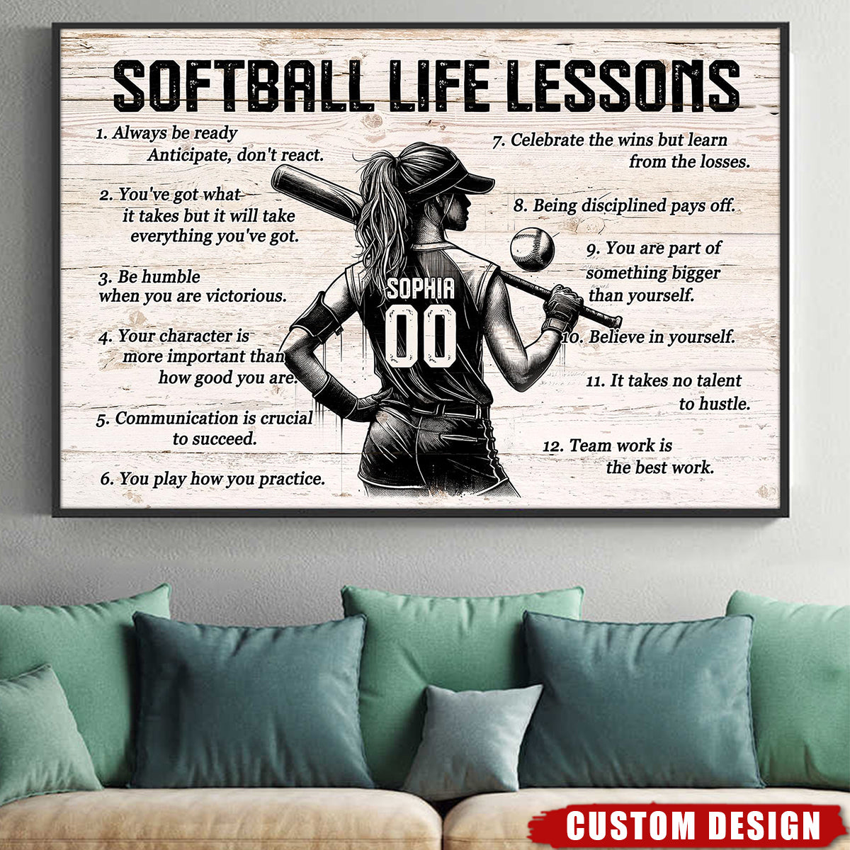 Softball Life Lessons Personalized Canvas, Custom Softball Poster Print, Motivational Softball Gift for Girls, Women, Softball Players