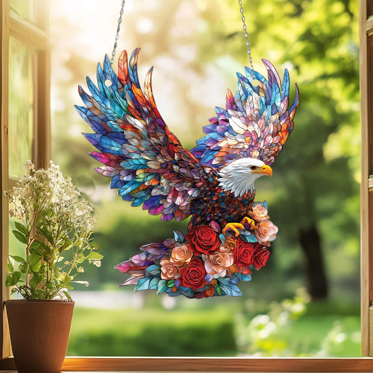 Bald Eagle with Roses Window Hanging - nique Nature-Inspired Gift