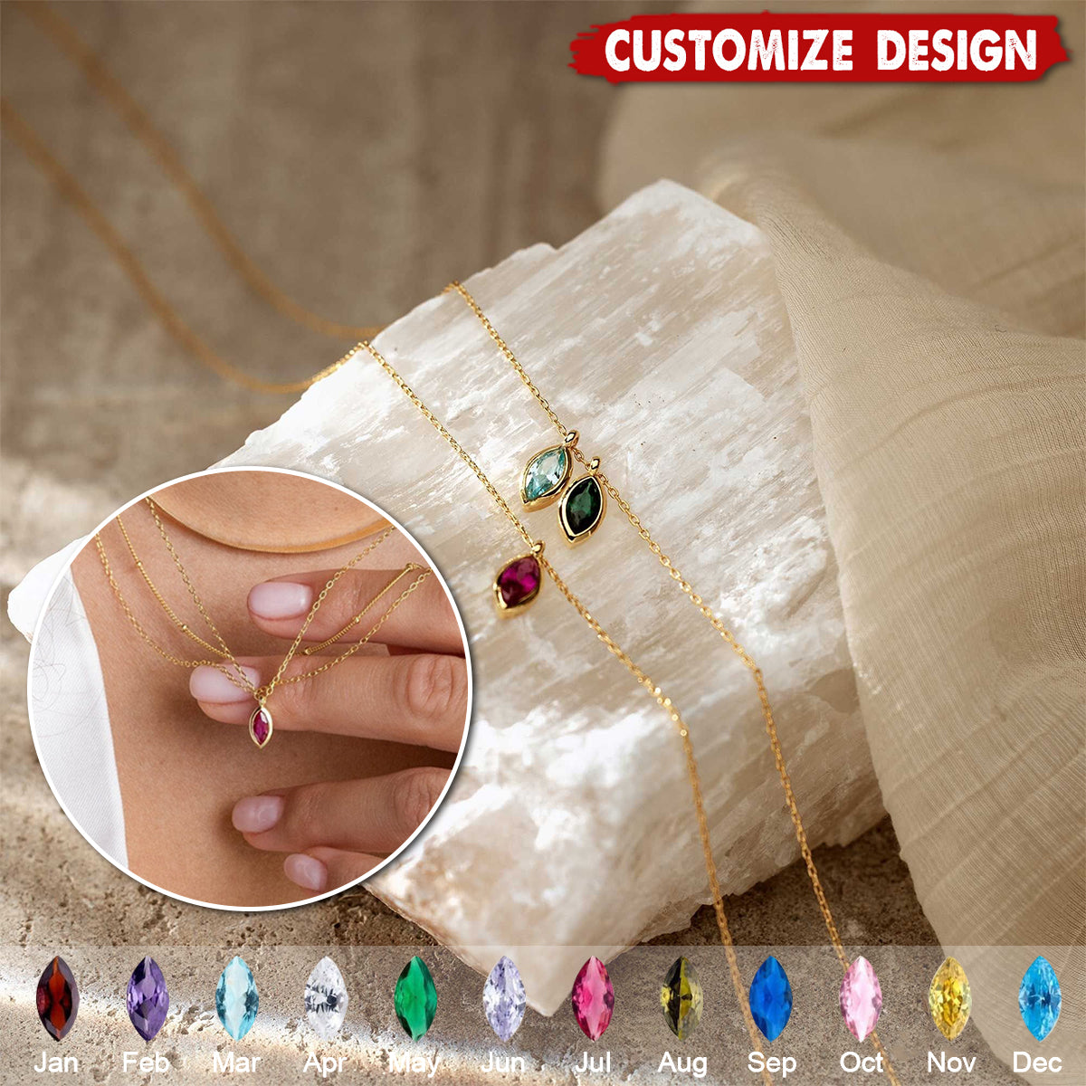 Personalized Leaf Birthstone Necklace - Gift For Mom Grandma