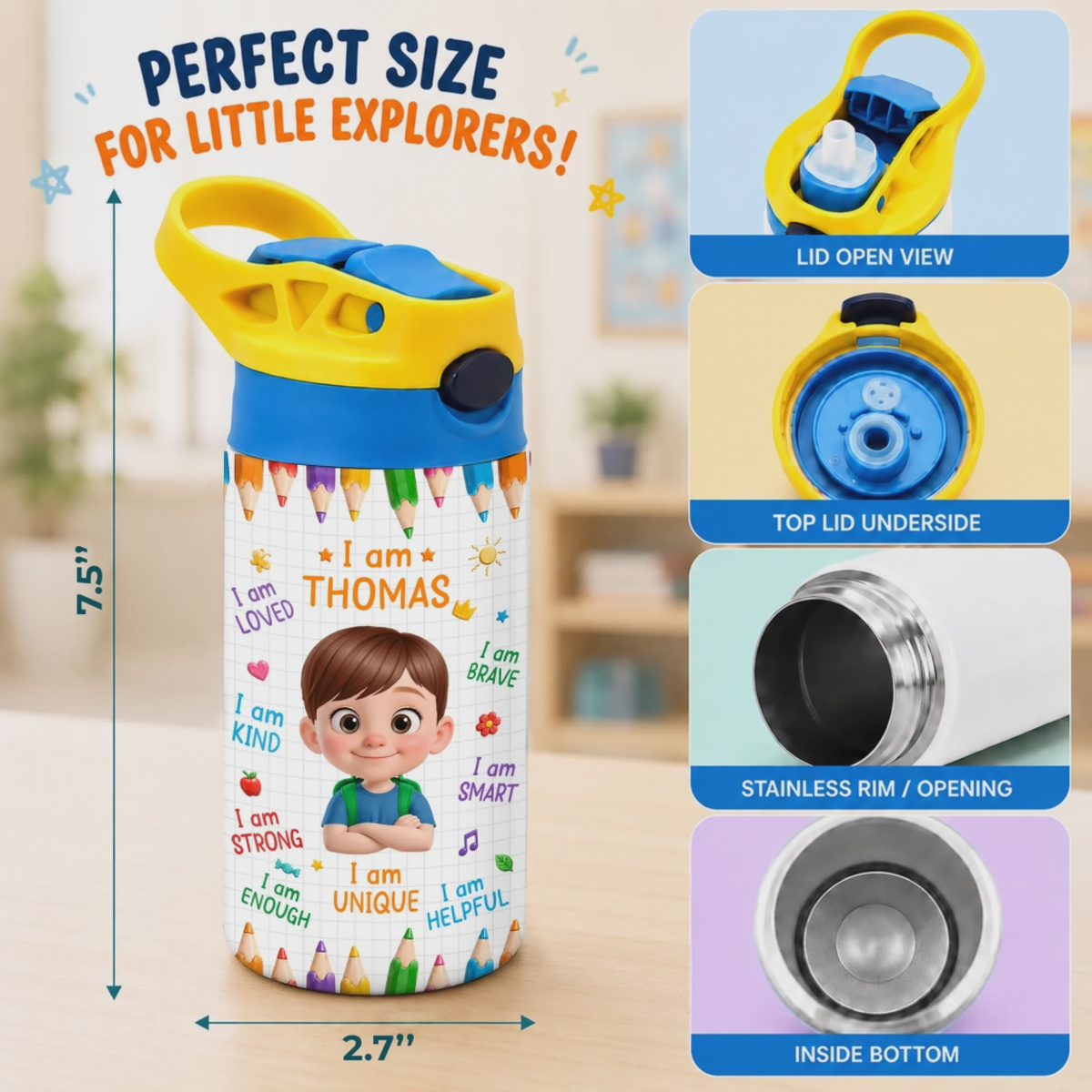 Custom Kids Insulated Water Bottle - Personalized Back To School Gifts For Kids - Ready Set Learn