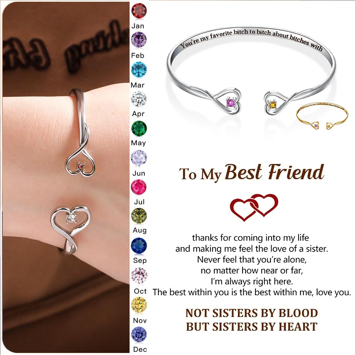 For Friend - You're My Favorite B*ch Double Hearts Custom Birthstones Bracelet