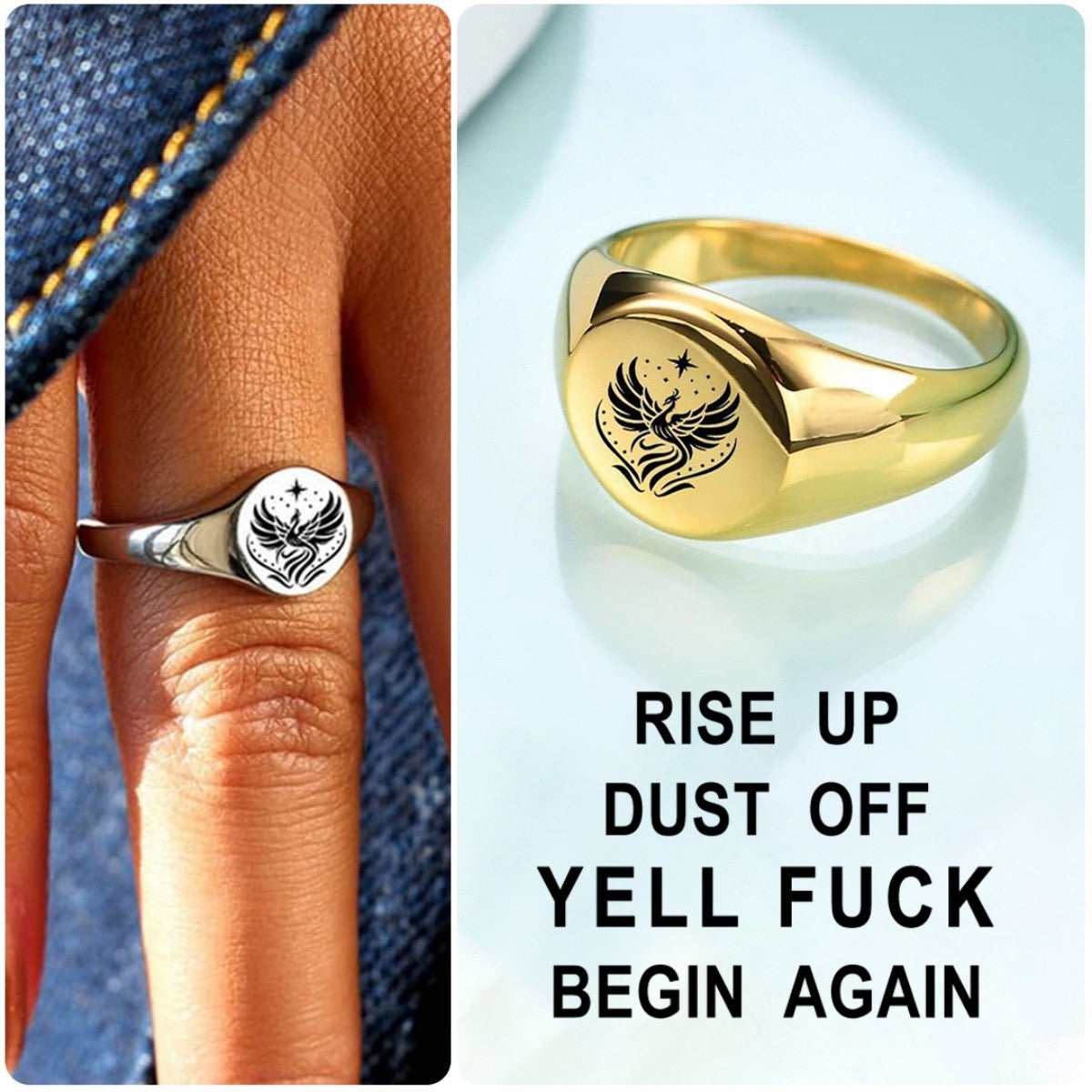 Rise Up Dust Off Phoenix Signet Round Ring