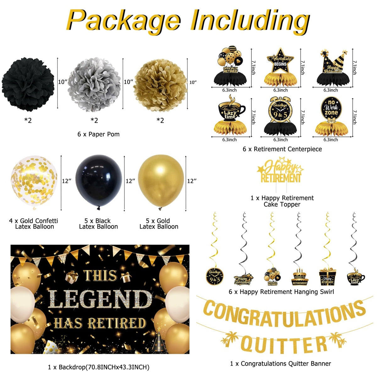 Black Gold Retirement Party Decorations, This Legend Has Retired Banner Congratulations Quitter Hanging Swirl Honeycomb Confetti Balloons Black & Gold Tissue Paper Pom Poms & Cake Topper