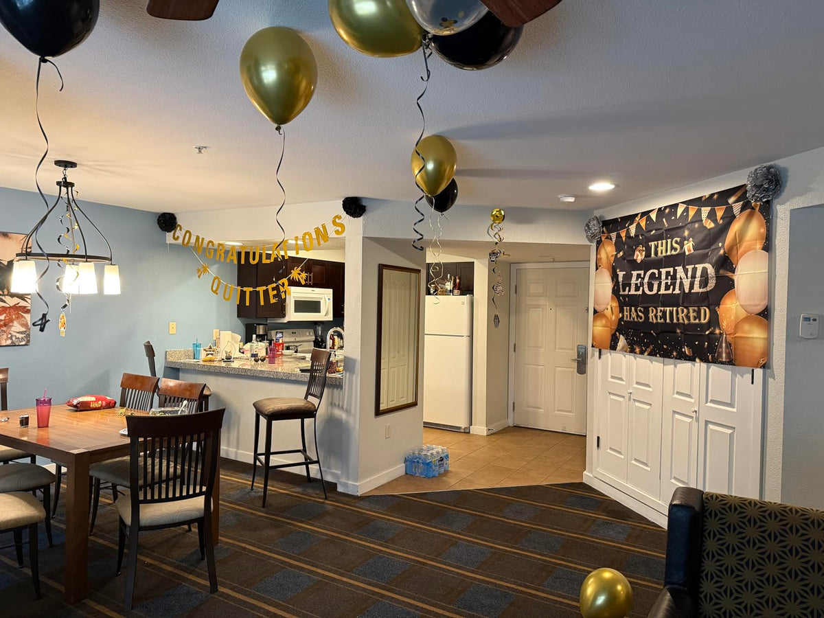 Black Gold Retirement Party Decorations, This Legend Has Retired Banner Congratulations Quitter Hanging Swirl Honeycomb Confetti Balloons Black & Gold Tissue Paper Pom Poms & Cake Topper