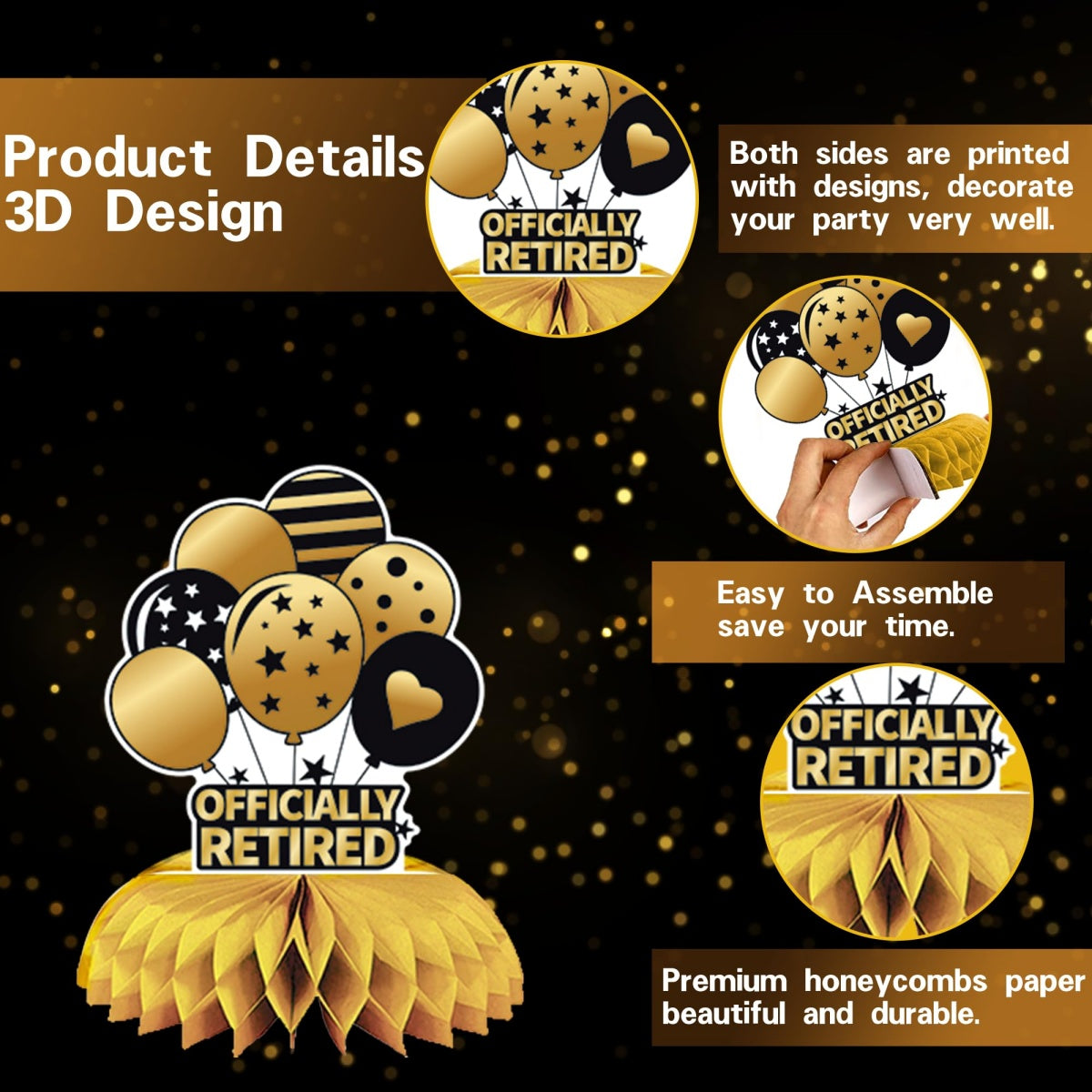 Black Gold Retirement Party Decorations, This Legend Has Retired Banner Congratulations Quitter Hanging Swirl Honeycomb Confetti Balloons Black & Gold Tissue Paper Pom Poms & Cake Topper